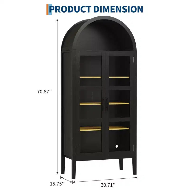 70 Tall Arched Kitchen Pantry Cabinet, Wooden Cupboard Storage Cabinet with Glass Doors & Adjustable Shelves, Freestanding Bookshelf Display Cabinet
