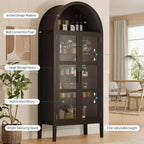 70 Tall Arched Kitchen Pantry Cabinet, Wooden Cupboard Storage Cabinet with Glass Doors & Adjustable Shelves, Freestanding Bookshelf Display Cabinet