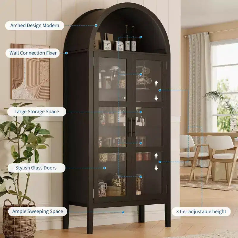70 Tall Arched Kitchen Pantry Cabinet, Wooden Cupboard Storage Cabinet with Glass Doors & Adjustable Shelves, Freestanding Bookshelf Display Cabinet