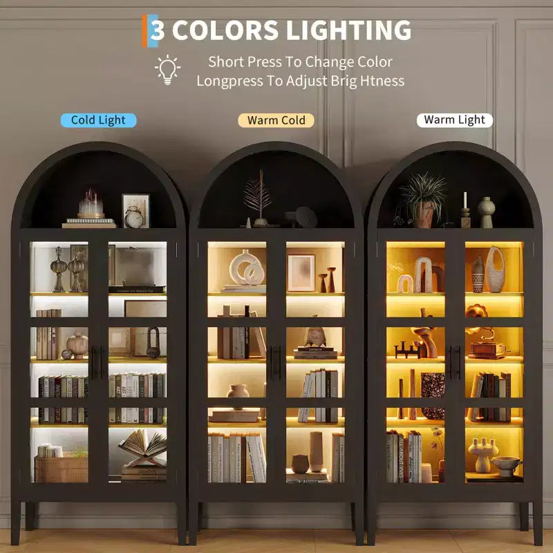70 Tall Arched Kitchen Pantry Cabinet, Wooden Cupboard Storage Cabinet with Glass Doors & Adjustable Shelves, Freestanding Bookshelf Display Cabinet