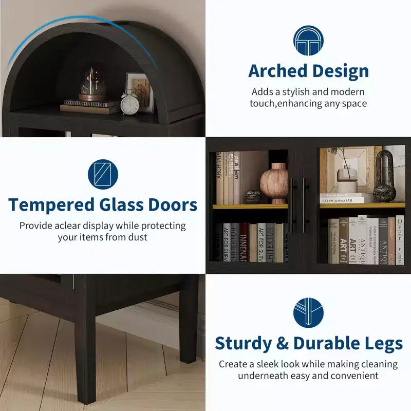 70 Tall Arched Kitchen Pantry Cabinet, Wooden Cupboard Storage Cabinet with Glass Doors & Adjustable Shelves, Freestanding Bookshelf Display Cabinet