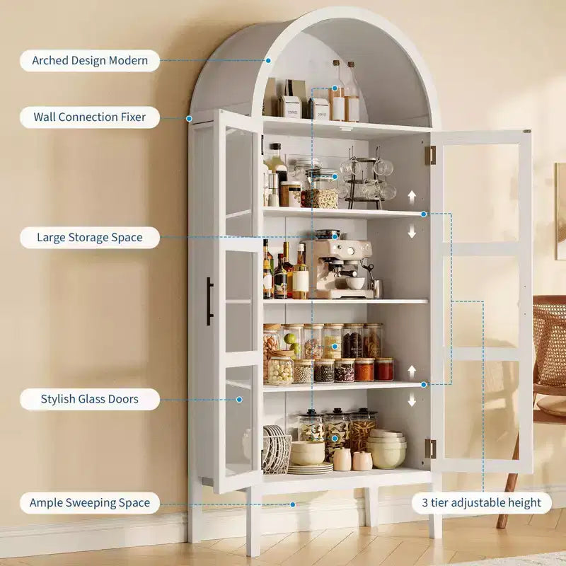 70 Tall Arched Kitchen Pantry Cabinet, Wooden Cupboard Storage Cabinet with Glass Doors & Adjustable Shelves, Freestanding Bookshelf Display Cabinet