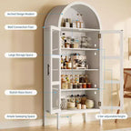 70 Tall Arched Kitchen Pantry Cabinet, Wooden Cupboard Storage Cabinet with Glass Doors & Adjustable Shelves, Freestanding Bookshelf Display Cabinet