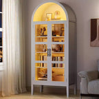 70 Tall Arched Kitchen Pantry Cabinet, Wooden Cupboard Storage Cabinet with Glass Doors & Adjustable Shelves, Freestanding Bookshelf Display Cabinet