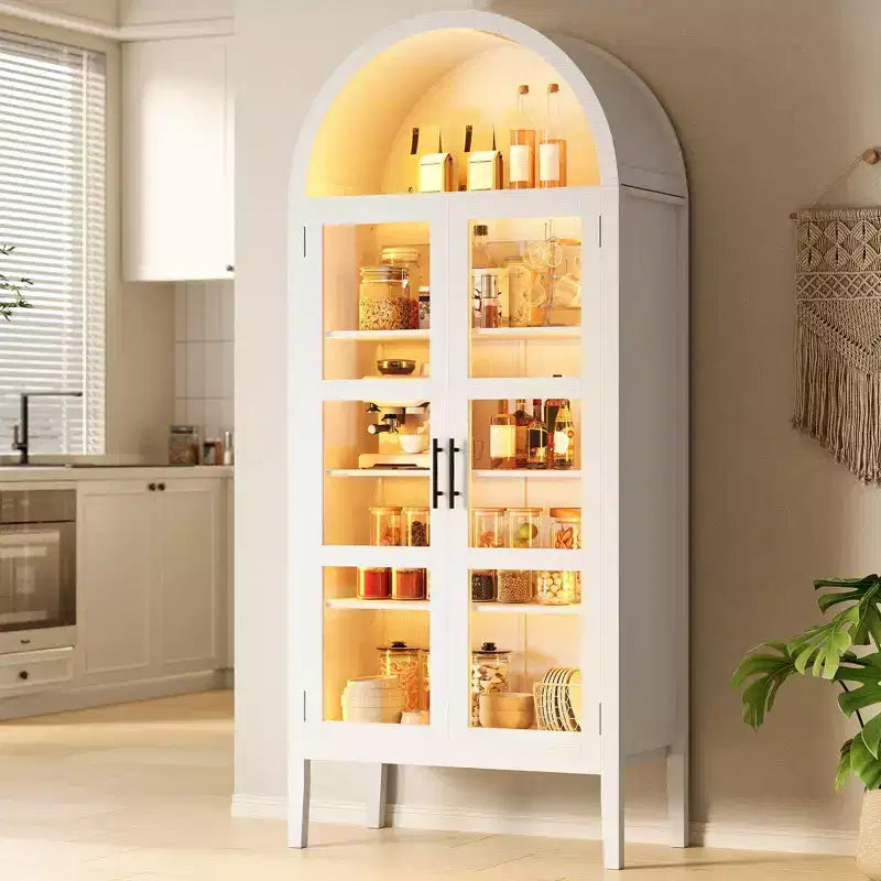 70 Tall Arched Kitchen Pantry Cabinet, Wooden Cupboard Storage Cabinet with Glass Doors & Adjustable Shelves, Freestanding Bookshelf Display Cabinet