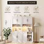 Kitchen Bar Pantry Cabinet with RGB Light, Tall Hutch with Microwave Stand, Barn Doors and 2 Open Shelves, Cupboard for Dining Room