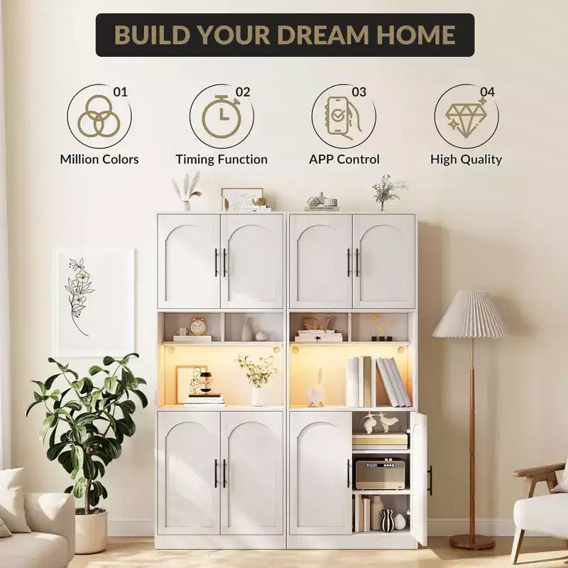 Kitchen Bar Pantry Cabinet with RGB Light, Tall Hutch with Microwave Stand, Barn Doors and 2 Open Shelves, Cupboard for Dining Room