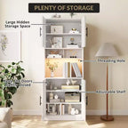 Kitchen Bar Pantry Cabinet with RGB Light, Tall Hutch with Microwave Stand, Barn Doors and 2 Open Shelves, Cupboard for Dining Room