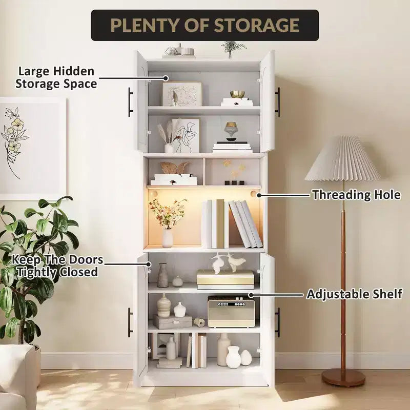 Kitchen Bar Pantry Cabinet with RGB Light, Tall Hutch with Microwave Stand, Barn Doors and 2 Open Shelves, Cupboard for Dining Room