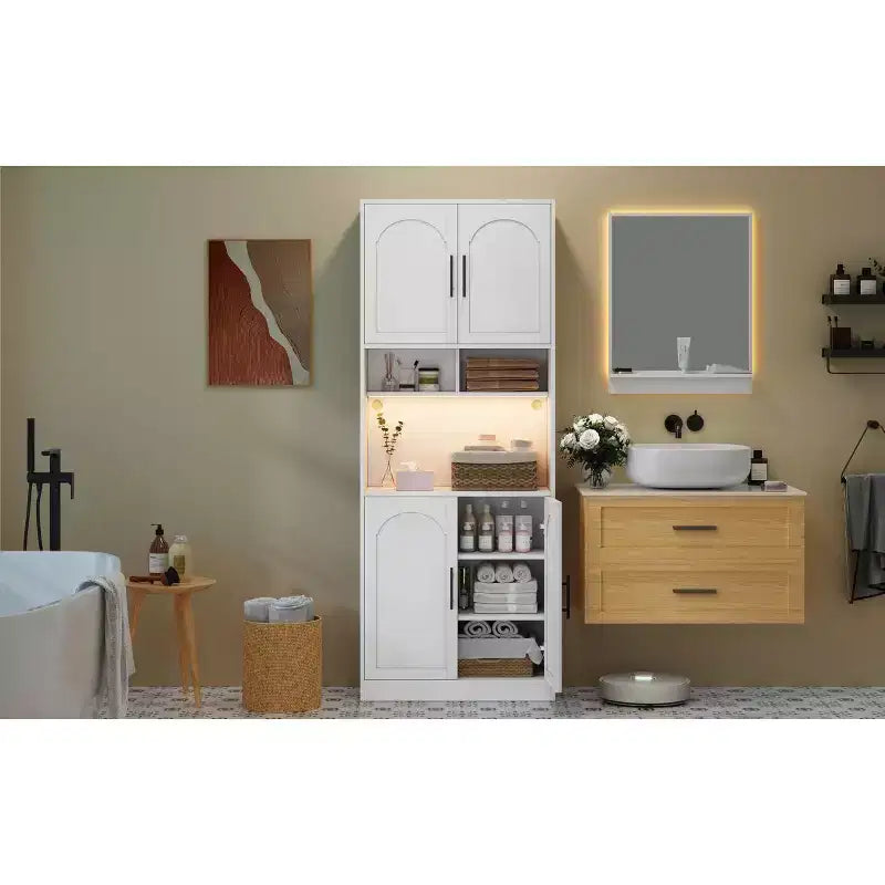 Kitchen Bar Pantry Cabinet with RGB Light, Tall Hutch with Microwave Stand, Barn Doors and 2 Open Shelves, Cupboard for Dining Room