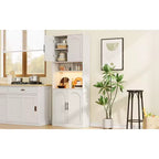 Kitchen Bar Pantry Cabinet with RGB Light, Tall Hutch with Microwave Stand, Barn Doors and 2 Open Shelves, Cupboard for Dining Room