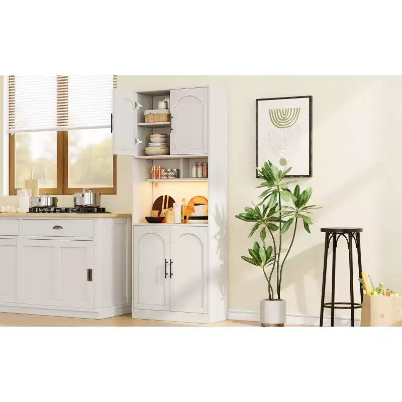 Kitchen Bar Pantry Cabinet with RGB Light, Tall Hutch with Microwave Stand, Barn Doors and 2 Open Shelves, Cupboard for Dining Room