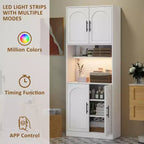 Kitchen Bar Pantry Cabinet with RGB Light, Tall Hutch with Microwave Stand, Barn Doors and 2 Open Shelves, Cupboard for Dining Room
