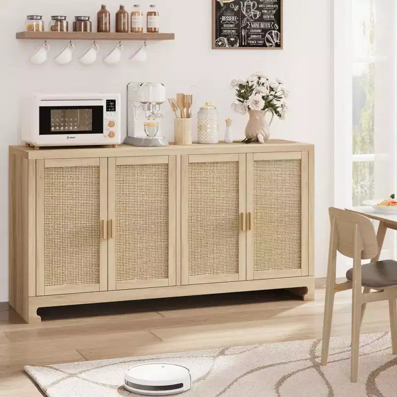 Rattan Accent Storage Cabinet with 4 Doors & Shelf, Modern Console Coffee Bar Cabinet for Dining Room, Kitchen, Living Room & Entryway