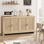 Rattan Accent Storage Cabinet with 4 Doors & Shelf, Modern Console Coffee Bar Cabinet for Dining Room, Kitchen, Living Room & Entryway