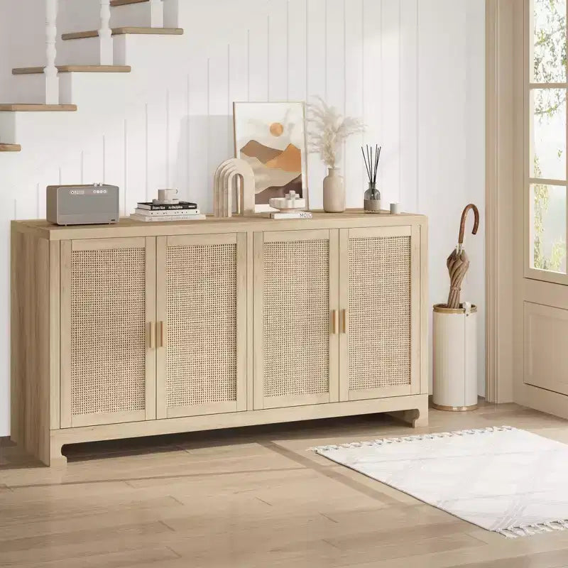 Rattan Accent Storage Cabinet with 4 Doors & Shelf, Modern Console Coffee Bar Cabinet for Dining Room, Kitchen, Living Room & Entryway