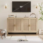 Rattan Accent Storage Cabinet with 4 Doors & Shelf, Modern Console Coffee Bar Cabinet for Dining Room, Kitchen, Living Room & Entryway