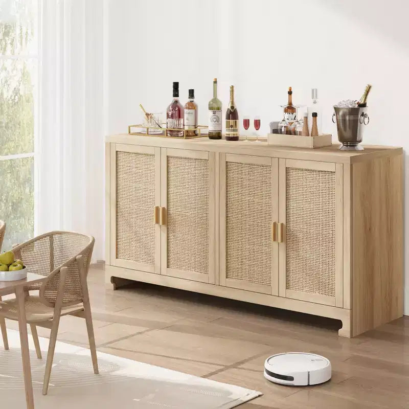 Rattan Accent Storage Cabinet with 4 Doors & Shelf, Modern Console Coffee Bar Cabinet for Dining Room, Kitchen, Living Room & Entryway