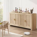 Rattan Accent Storage Cabinet with 4 Doors & Shelf, Modern Console Coffee Bar Cabinet for Dining Room, Kitchen, Living Room & Entryway