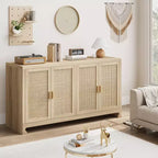 Rattan Accent Storage Cabinet with 4 Doors & Shelf, Modern Console Coffee Bar Cabinet for Dining Room, Kitchen, Living Room & Entryway