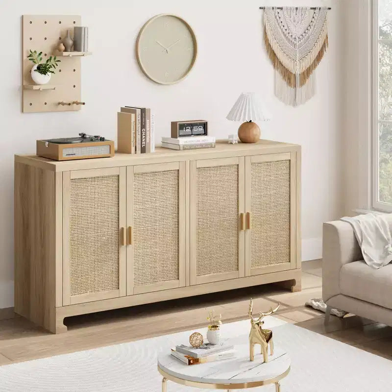 Rattan Accent Storage Cabinet with 4 Doors & Shelf, Modern Console Coffee Bar Cabinet for Dining Room, Kitchen, Living Room & Entryway