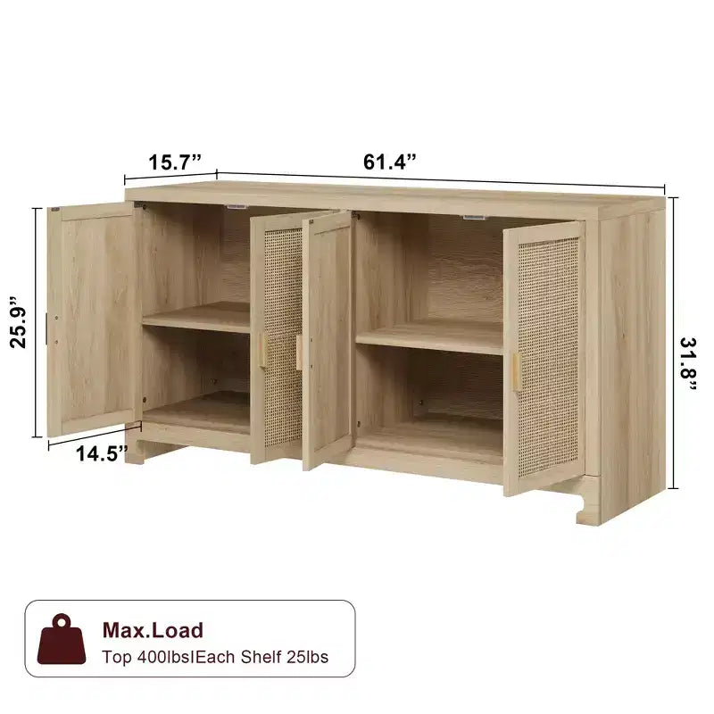 Rattan Accent Storage Cabinet with 4 Doors & Shelf, Modern Console Coffee Bar Cabinet for Dining Room, Kitchen, Living Room & Entryway