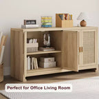 Rattan Accent Storage Cabinet with 4 Doors & Shelf, Modern Console Coffee Bar Cabinet for Dining Room, Kitchen, Living Room & Entryway
