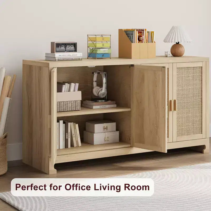 Rattan Accent Storage Cabinet with 4 Doors & Shelf, Modern Console Coffee Bar Cabinet for Dining Room, Kitchen, Living Room & Entryway