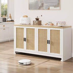 Rattan Accent Storage Cabinet with 4 Doors & Shelf, Modern Console Coffee Bar Cabinet for Dining Room, Kitchen, Living Room & Entryway