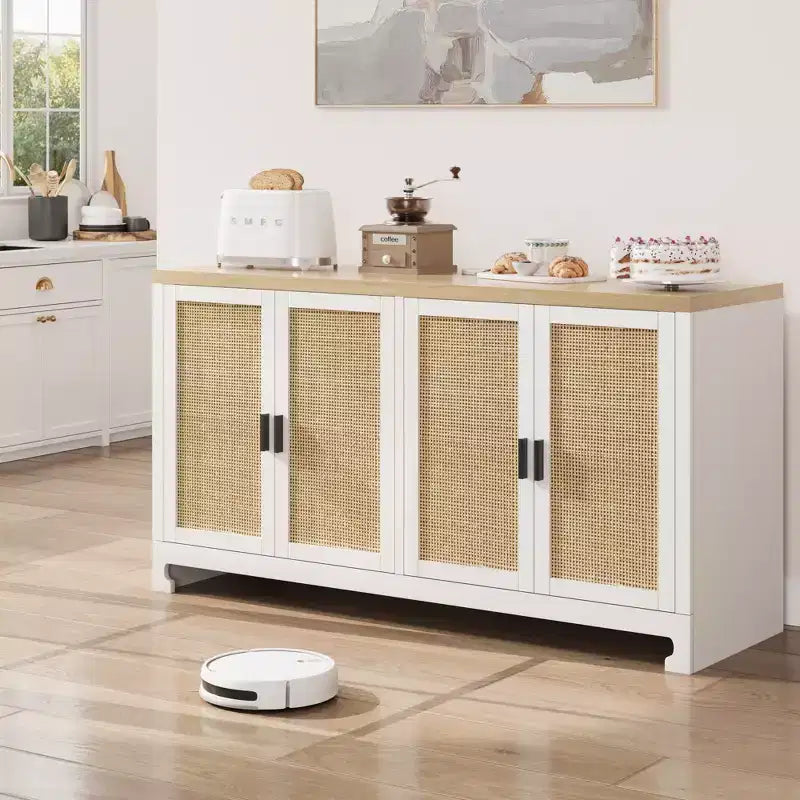 Rattan Accent Storage Cabinet with 4 Doors & Shelf, Modern Console Coffee Bar Cabinet for Dining Room, Kitchen, Living Room & Entryway