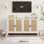 Rattan Accent Storage Cabinet with 4 Doors & Shelf, Modern Console Coffee Bar Cabinet for Dining Room, Kitchen, Living Room & Entryway