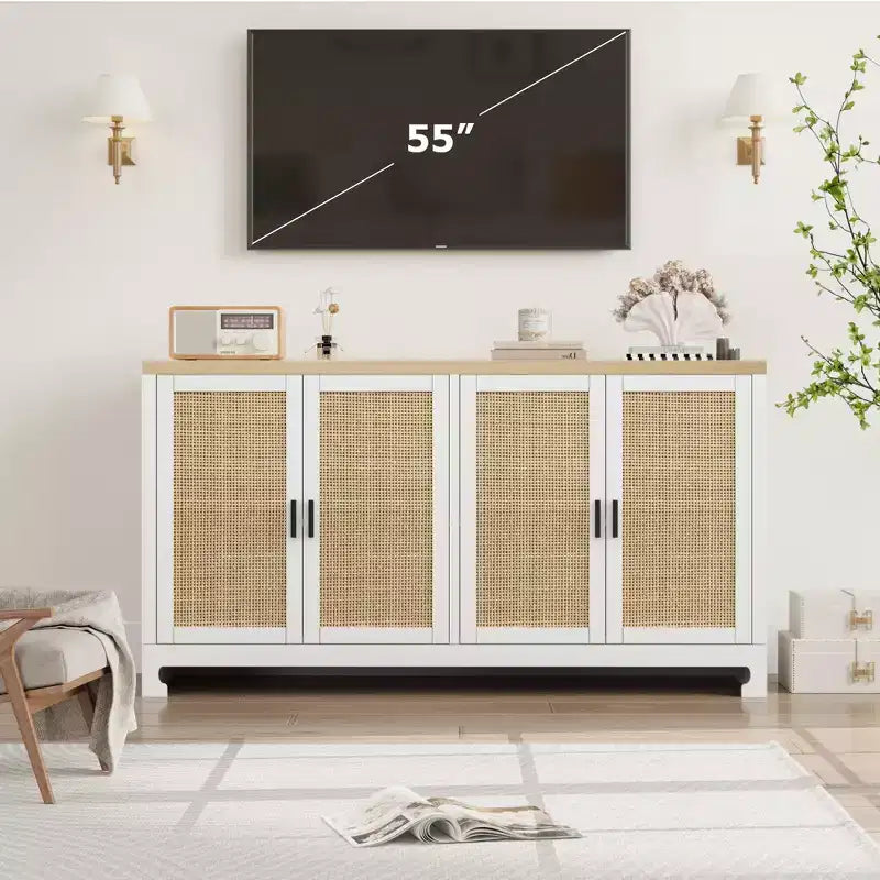 Rattan Accent Storage Cabinet with 4 Doors & Shelf, Modern Console Coffee Bar Cabinet for Dining Room, Kitchen, Living Room & Entryway