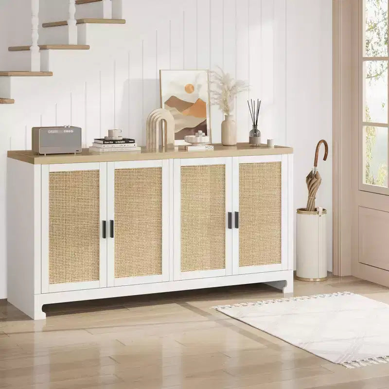 Rattan Accent Storage Cabinet with 4 Doors & Shelf, Modern Console Coffee Bar Cabinet for Dining Room, Kitchen, Living Room & Entryway