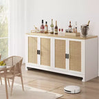 Rattan Accent Storage Cabinet with 4 Doors & Shelf, Modern Console Coffee Bar Cabinet for Dining Room, Kitchen, Living Room & Entryway