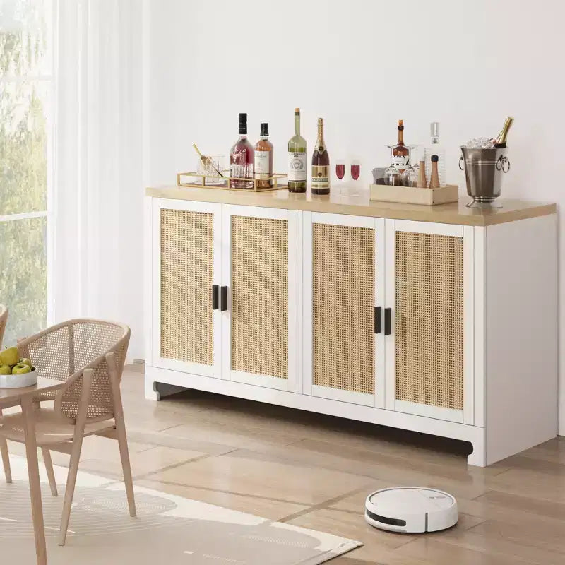 Rattan Accent Storage Cabinet with 4 Doors & Shelf, Modern Console Coffee Bar Cabinet for Dining Room, Kitchen, Living Room & Entryway
