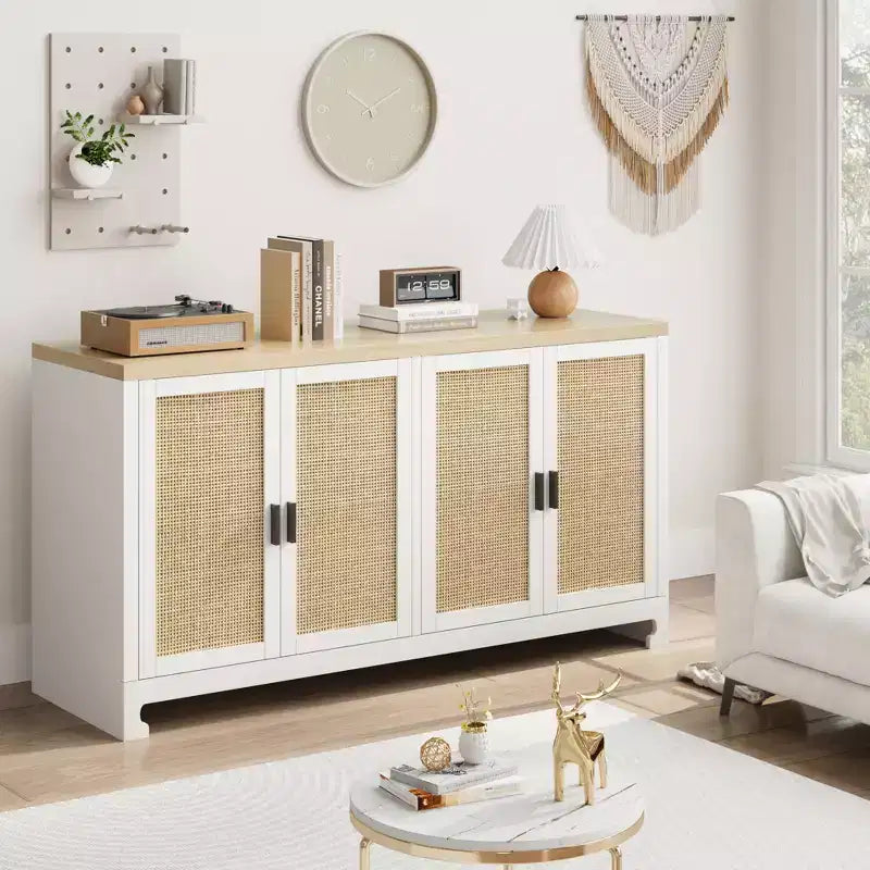 Rattan Accent Storage Cabinet with 4 Doors & Shelf, Modern Console Coffee Bar Cabinet for Dining Room, Kitchen, Living Room & Entryway