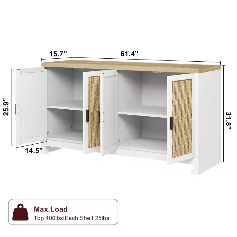 Rattan Accent Storage Cabinet with 4 Doors & Shelf, Modern Console Coffee Bar Cabinet for Dining Room, Kitchen, Living Room & Entryway