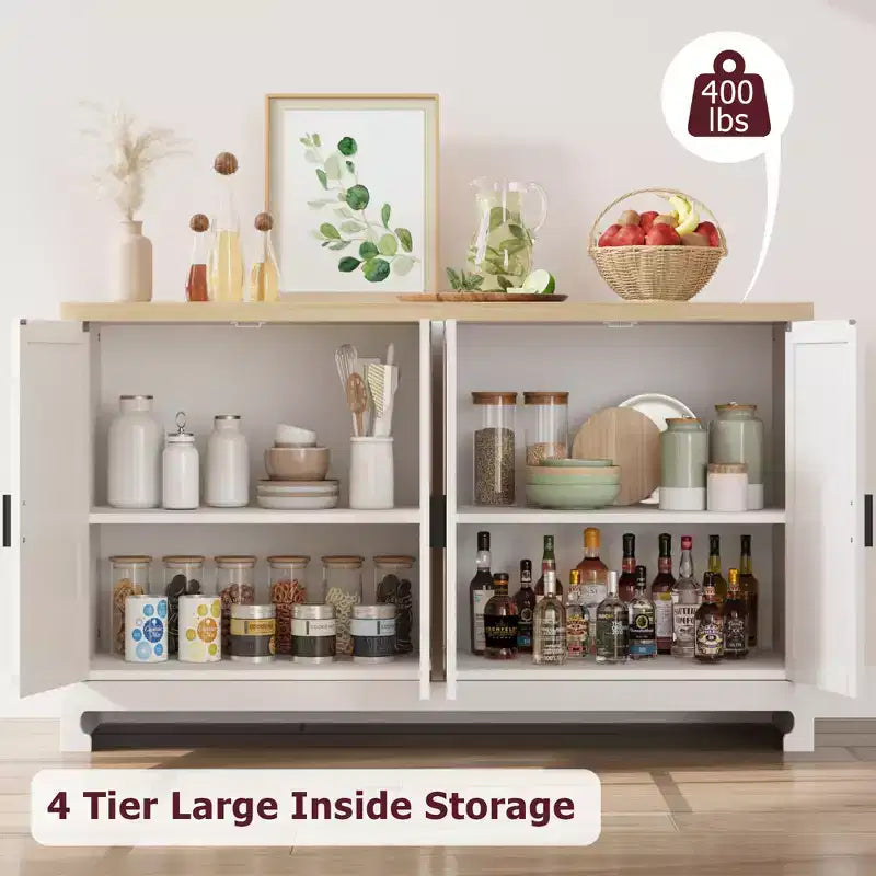 Rattan Accent Storage Cabinet with 4 Doors & Shelf, Modern Console Coffee Bar Cabinet for Dining Room, Kitchen, Living Room & Entryway