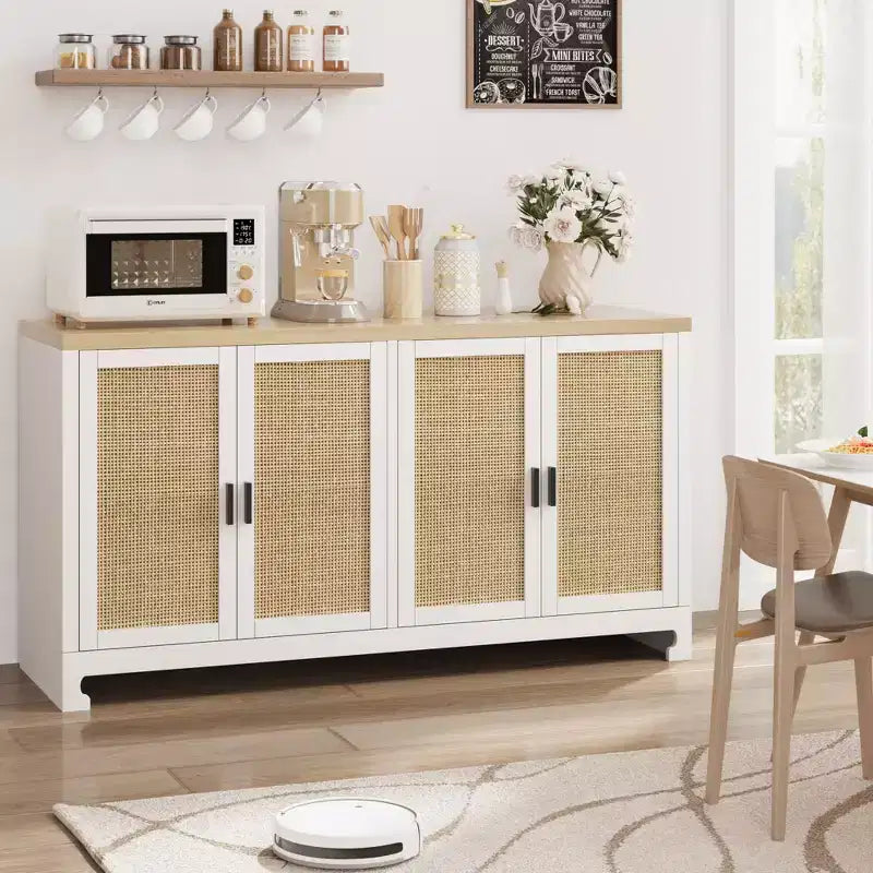 COZONY Rattan Accent Storage Cabinet with 4 Doors & Shelf, Modern Console Coffee Bar Cabinet for Dining Room, Kitchen, Living Room & Entryway
