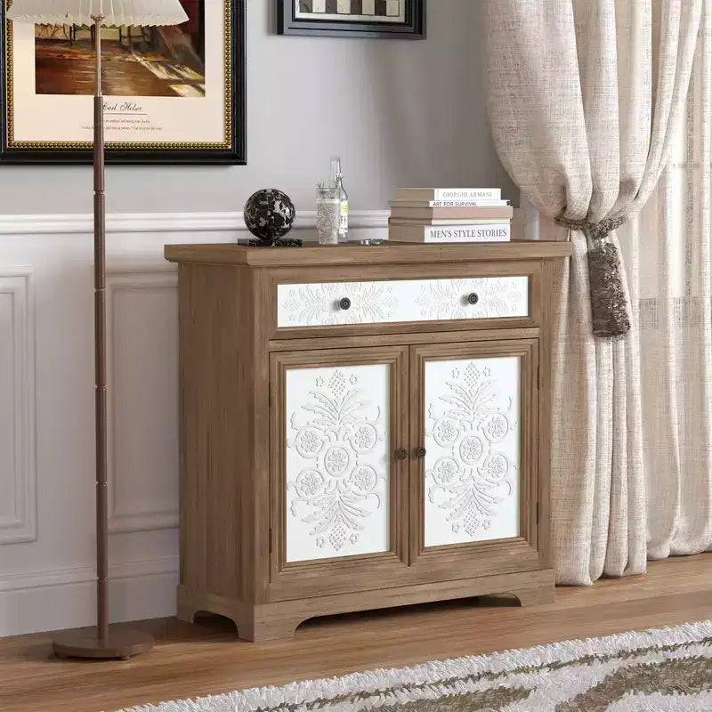 Connesena Rustic Storage Cabinet with Drawers and Metal Doors