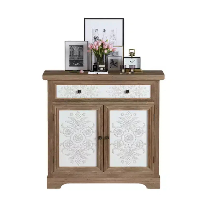 Connesena Rustic Storage Cabinet with Drawers and Metal Doors
