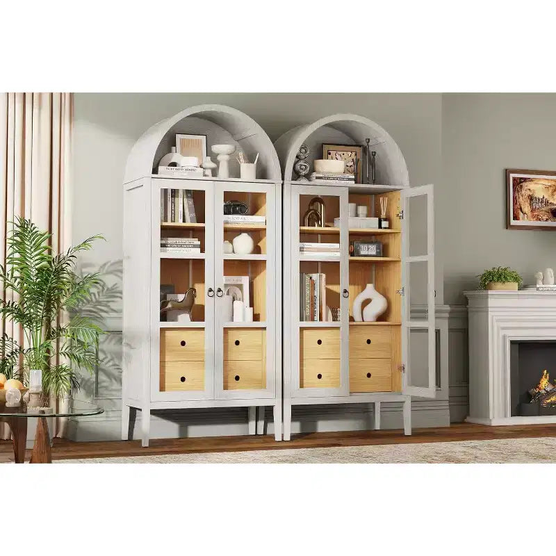 71 Tall Arched Storage Cabinet with Glass Doors & Drawers for Living Room