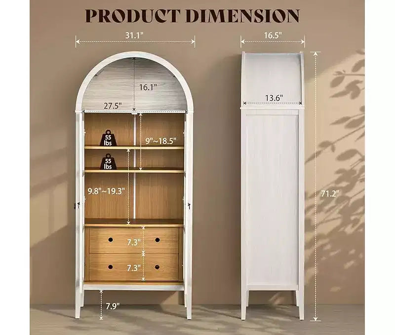 71 Tall Arched Storage Cabinet with Glass Doors & Drawers for Living Room