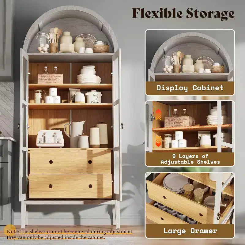 71 Tall Arched Storage Cabinet with Glass Doors & Drawers for Living Room