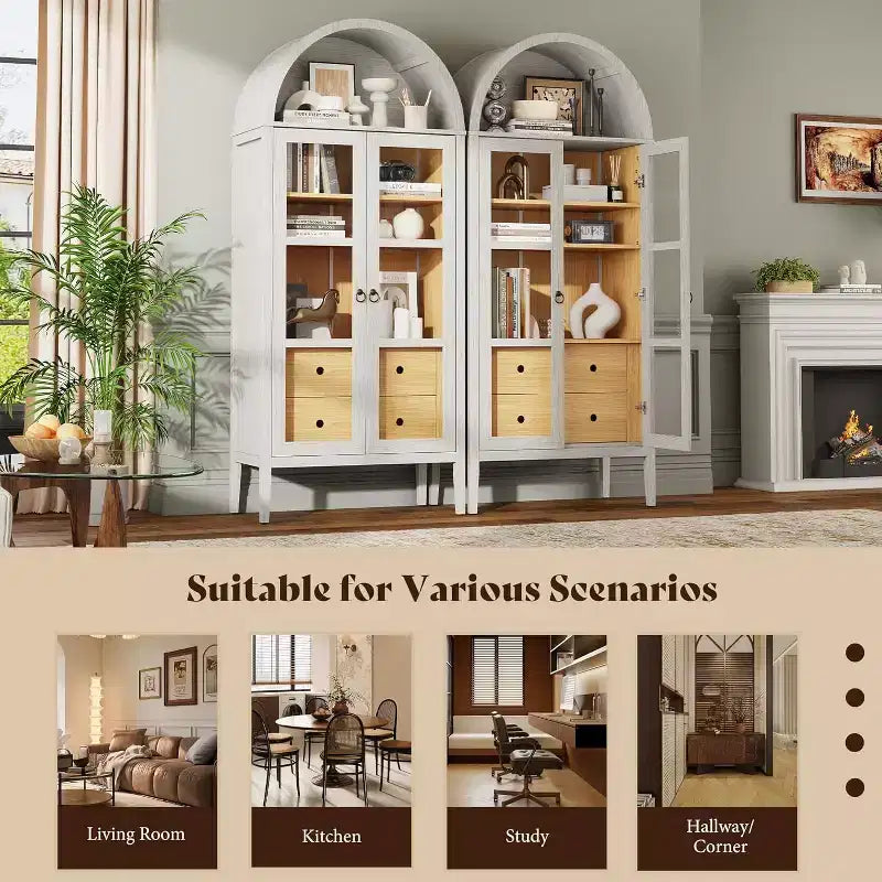 71 Tall Arched Storage Cabinet with Glass Doors & Drawers for Living Room