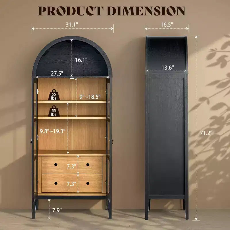 71 Tall Arched Storage Cabinet with Glass Doors & Drawers for Living Room