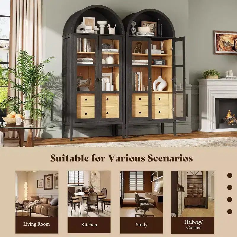 71 Tall Arched Storage Cabinet with Glass Doors & Drawers for Living Room