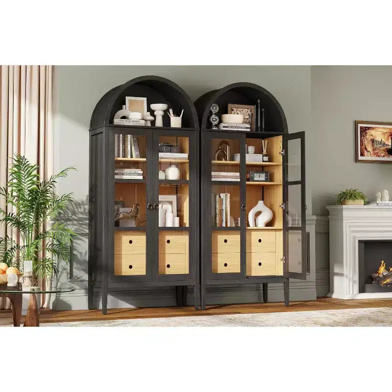 71 Tall Arched Storage Cabinet with Glass Doors & Drawers for Living Room