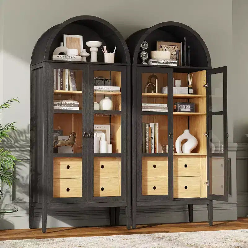 71 Tall Arched Storage Cabinet with Glass Doors & Drawers for Living Room