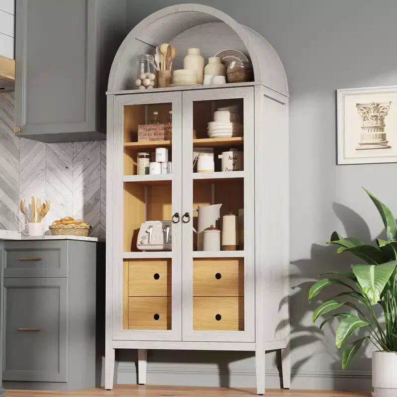 71 Tall Arched Storage Cabinet with Glass Doors & Drawers for Living Room
